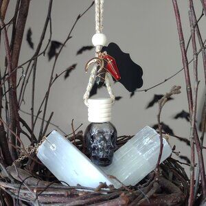 Skull Diffuser, 'Lord of Misrule' Scent, w/ Coffin & Black Aura Quartz